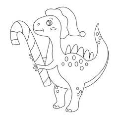 Cute baby dinosaur with candy cane. Vector hand drawn doodle Christmas illustration, isolated black outline. Great for coloring and Xmas cards.