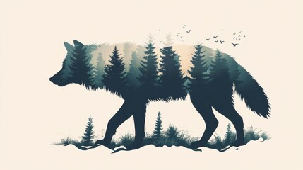 Majestic wolf silhouette filled with forest details, merging the animal and nature concept in a vector design.