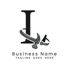 L Letter logo construction vector for woodworking company. Alphabet L hammer template illustration
