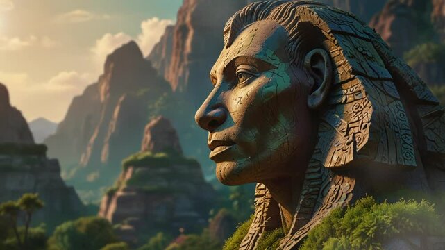 ancient statue of sphinx carved on cliff with moss and plants. seamless looping 4k video background animation