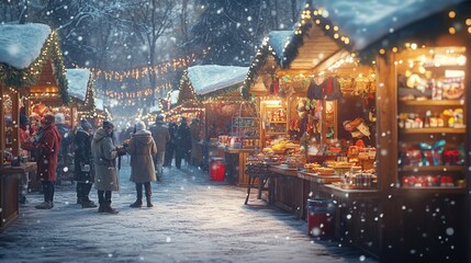 Winter market scene with festive stalls and snow.