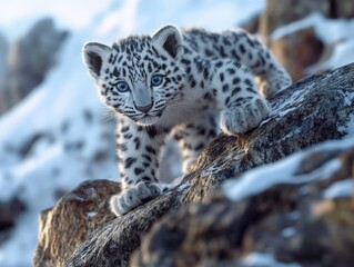 Obraz premium Snow leopard on rocky outcropping