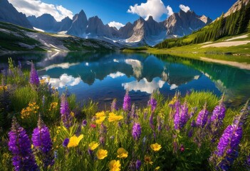 stunning alpine peaks bathed majestic sunlight showcasing scenic views natural beauty, mountains, nature, landscape, scenery, horizon, sky, summit, green