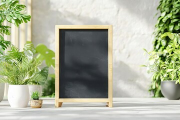 Empty outdoor menu board in a sunny courtyard cafe, Outdoor Menu Mock-up, Al fresco dining concept