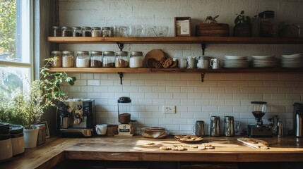 Cozy and Rustic Farmhouse Kitchen Interior with Open Shelves