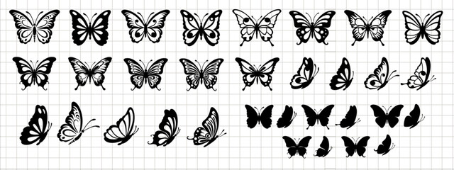 ПечатьButterfly design. Summer tropical insect. Different poses. Silhouette vector flat illustration. Cutting file. Suitable for cutting software. Cricut, Silhouette. 