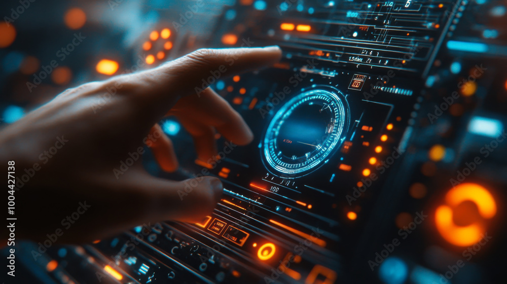 Poster exploring a futuristic touchscreen interface with glowing elements and a hand navigating intricate d