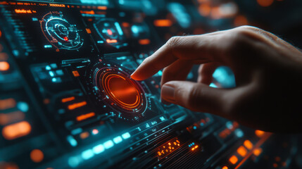 Obraz premium Exploring a futuristic touchscreen interface with glowing elements and a hand navigating intricate digital displays