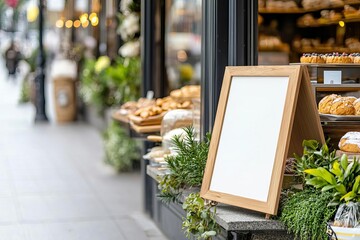 Empty wooden menu board on a sidewalk outside a cozy bakery, Bakery Menu Mock-up, Inviting local shop design
