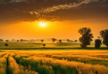 Obraz premium breathtaking sunrise illuminating expansive lush green fields creating stunning natural landscape, dawn, dawnlight, morninglight, sunbeams, daybreak, sky