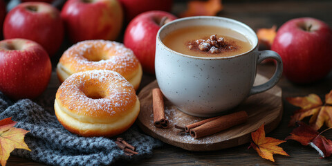 A cup of apple juice with cinnamon and doughnuts on the table, surrounded by apples in autumn. 