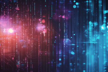 Fototapeta premium Vibrant digital landscape with cascading data streams and glowing particles in a futuristic cybernetic environment at night. Generative AI