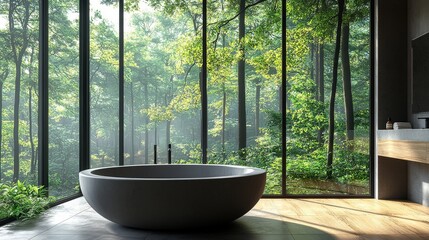 Fototapeta premium Large round bathtub with natural light. Sheer curtains soften the sunlight and the green space outside adds a quiet atmosphere, inviting relaxation and peace.