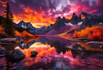 Fototapeta premium stunning sunset over majestic mountains vivid colors captivating landscape, scenery, sky, clouds, horizon, twilight, nature, evening, light, gradient
