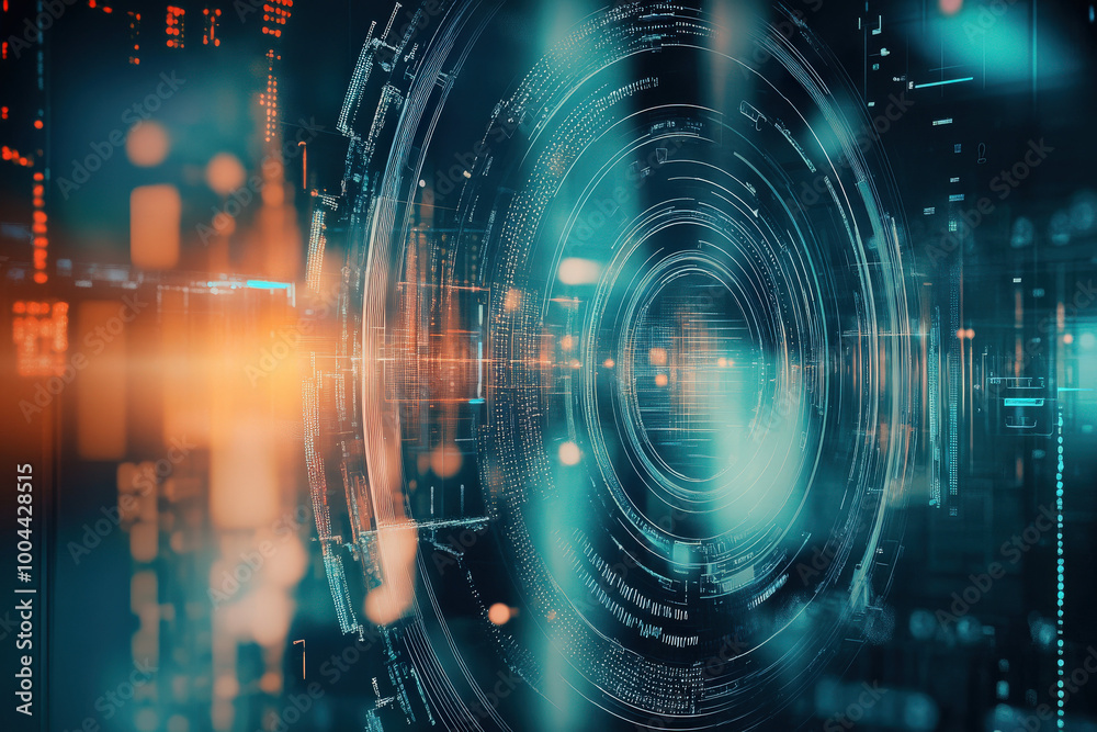 Poster exploring the depths of digital innovation with vibrant data streams and futuristic technology eleme