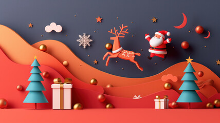 Festive 2.5D Christmas Scene with Santa and Reindeer