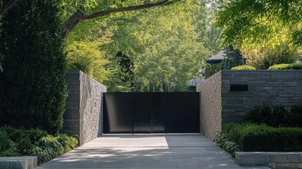 Minimalist black gate set against gray stone walls and lush greenery, highlighting suburban sophistication and modern entrance design