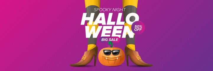 Halloween big sale banner with witch legs and funky pumpkin with sunglasses on night spooky background. Halloween sape poster design template