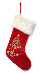 A classic red Christmas stocking with a fluffy white cuff, ready to be filled with holiday treats and gifts. Perfect for festive decorations, seasonal promotions, or family traditions.