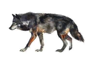 Fototapeta premium Black wolf walking, full body view, side profile, watercolor on white background