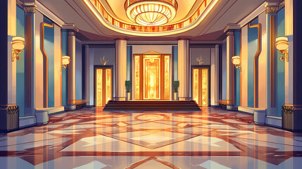 Luxury art deco stage , interior of hotel hall, architecture, style. Deco Art. Illustration