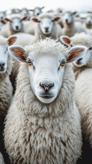 Naklejka premium A close-up view of a flock of sheep in a rural setting during the day highlighting their fluffy wool and curious expressions