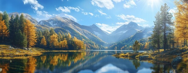Obraz premium Scenic view of a serene lake reflecting majestic mountains under a blue sky with fluffy clouds, surrounded by lush green forests in Norway