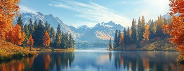 Naklejka premium Scenic view of a serene lake reflecting majestic mountains under a blue sky with fluffy clouds, surrounded by lush green forests in Norway