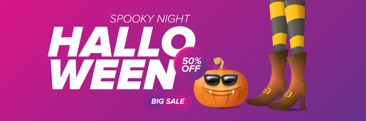 Halloween big sale banner with witch legs and funky pumpkin with sunglasses on night spooky background. Halloween sape poster design template