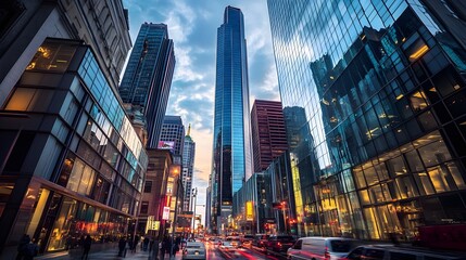 Fototapeta premium Breathtaking cityscape featuring a bustling mix of towering skyscrapers neon lit streets flowing traffic and a vibrant