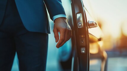 Obraz premium A businessman standing beside a car door, preparing to enter as the sun sets.