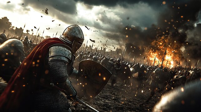 A fierce medieval battle scene with armored knights in combat under dramatic skies.