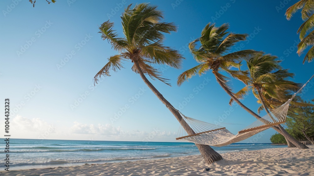 Wall mural tropical beach with a hammock swaying between palm trees