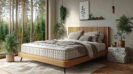 A bed with white sheets and pillows, and a potted plant on a nightstand. The bed is neatly made and the room has a clean and organized appearance