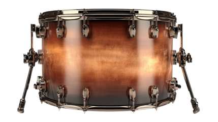 A collection of drums and drumsticks, featuring a snare drum and a complete drum kit, all isolated on a white background