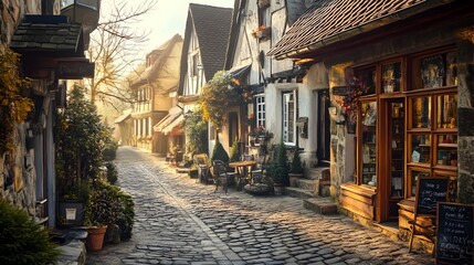 Fototapeta premium A charming and tranquil European village street lined with cozy cottages and quaint shops winding cobblestone paths between them bathed in the warm glow of afternoon sunlight