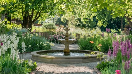 Tranquil Garden with Fountain and Blooming Flowers