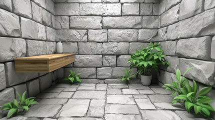 A small room with a bench and a potted plant. The bench is made of wood and is placed against the wall. The potted plant is located near the bench and has green leaves. The room has a simple