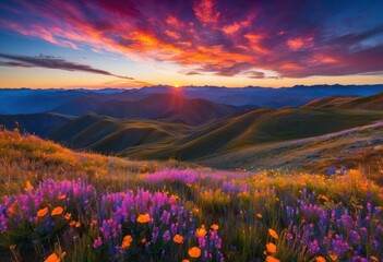Obraz premium vibrant sunrise casting radiant hues over expansive mountain ranges surrounded clear skies blossoming flora, mountains, landscape, horizon, sky, clouds