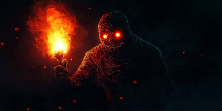 Terrifying creature holding a flaming torch in a dark forest, perfect for horror-themed visuals, Halloween promotions, and spooky content illustration