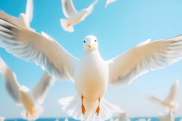 Fototapeta premium Seagull flying directly towards camera in bright blue sky