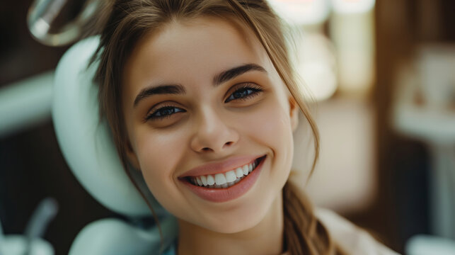 Beautiful young woman smiling with nice white teeth, sitting in the dentist office. Concept: Hollywood smile, teeth hygiene, dental equipment and dentistry website banner