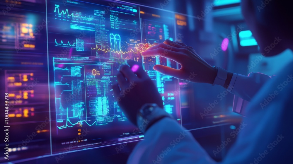 Aufkleber A scientist focuses intently on a glowing digital interface, examining complex data and graphs during a research session at night