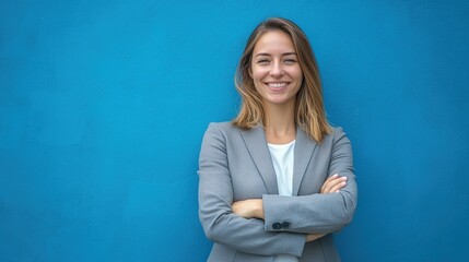 Confident Businesswoman Posing Against Blue Wall