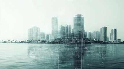 Fototapeta premium The abstract futuristic style of Florida coastal technology city scenery is filled with dynamic lighting connected by digital technology, showcasing modern concepts of networking and data transmission