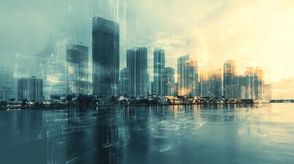 Obraz premium The abstract futuristic style of Florida coastal technology city scenery is filled with dynamic lighting connected by digital technology, showcasing modern concepts of networking and data transmission