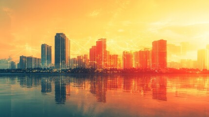 Fototapeta premium The abstract futuristic style of Florida coastal technology city scenery is filled with dynamic lighting connected by digital technology, showcasing modern concepts of networking and data transmission