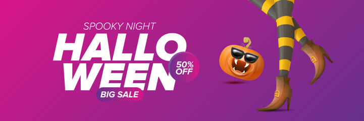 Halloween big sale banner with witch legs and funky pumpkin with sunglasses on night spooky background. Halloween sape poster design template