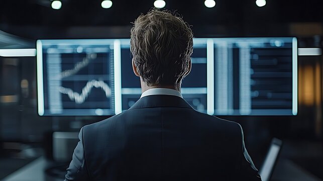 Focused on data, a businessman analyzes numbers across multiple screens in his office.