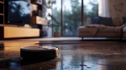 Obraz premium Modern Robotic Vacuum Cleaner in Bright Living Room